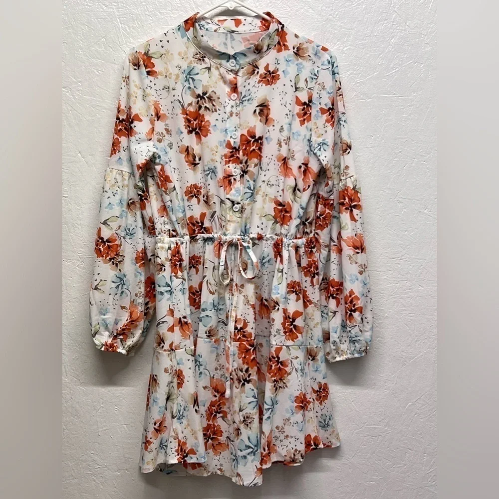 Women’s Chic Floral Button Front Mini Boho Dress - L